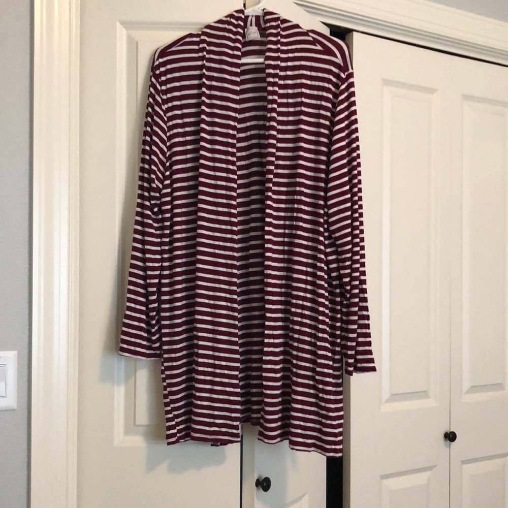 Long Sleeve cardigan. Maroon and white striped